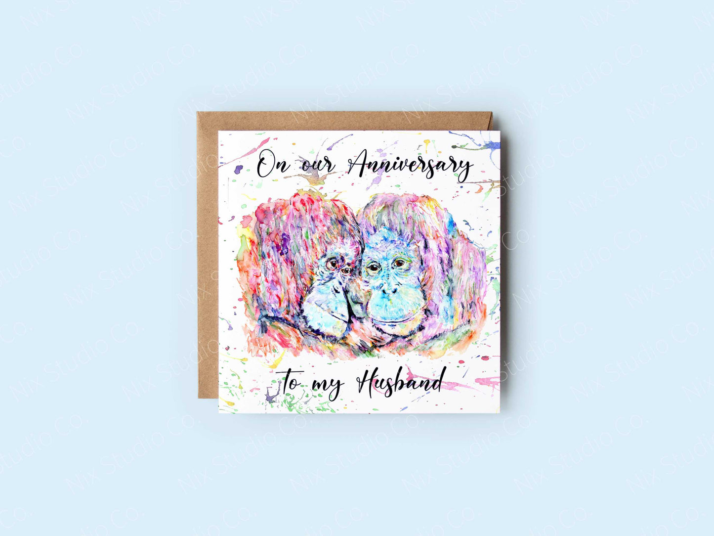 anniversary card with the text on our anniversary printed above colourful watercolour style image of two apes