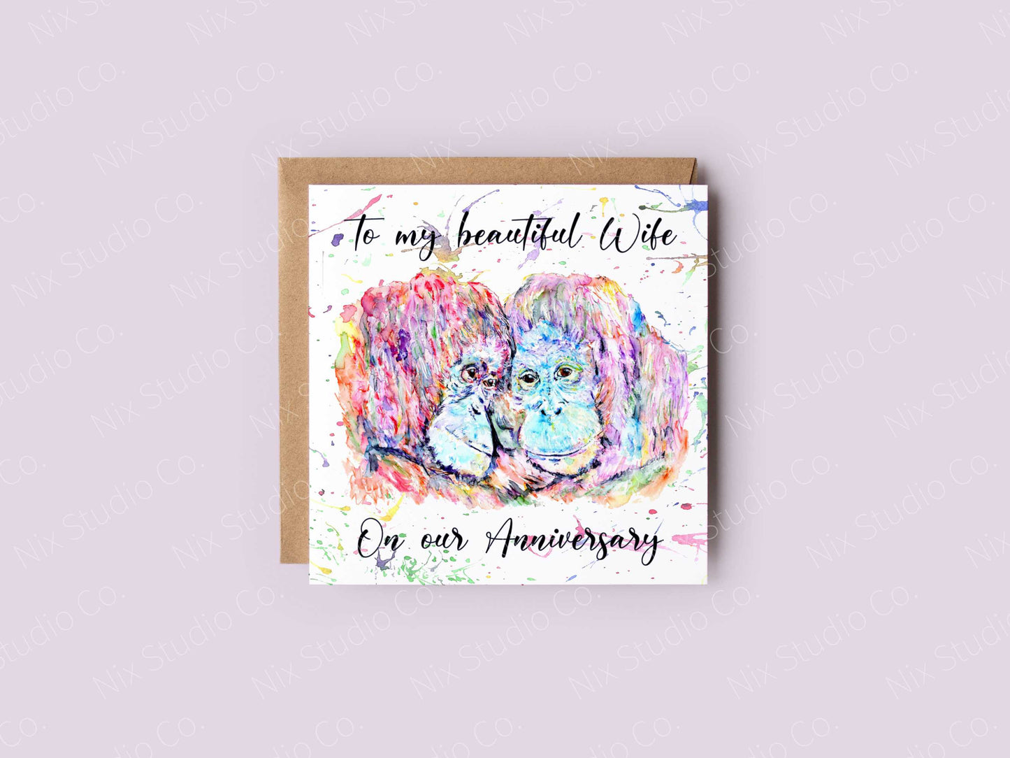 anniversary card with the text to my beautiful wife on out anniversary printed above colourful watercolour style image of two apes
