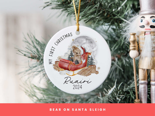 Bear on Santa Sleigh Christmas Ornament