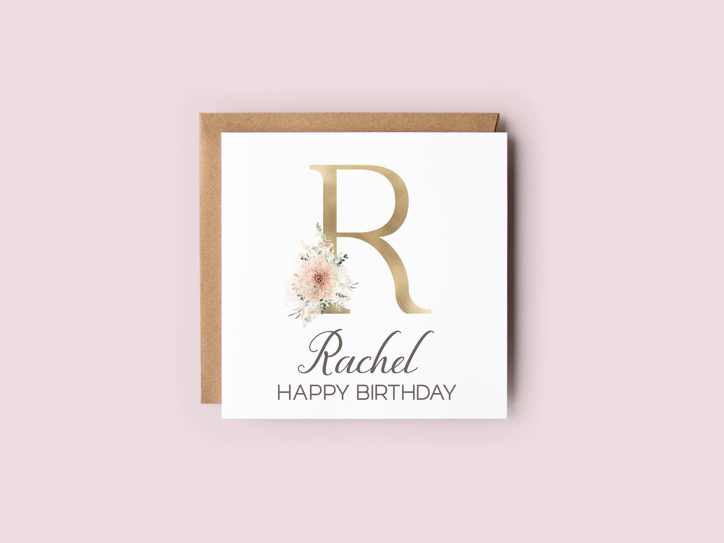 Gold & peach floral Initial Birthday Card
