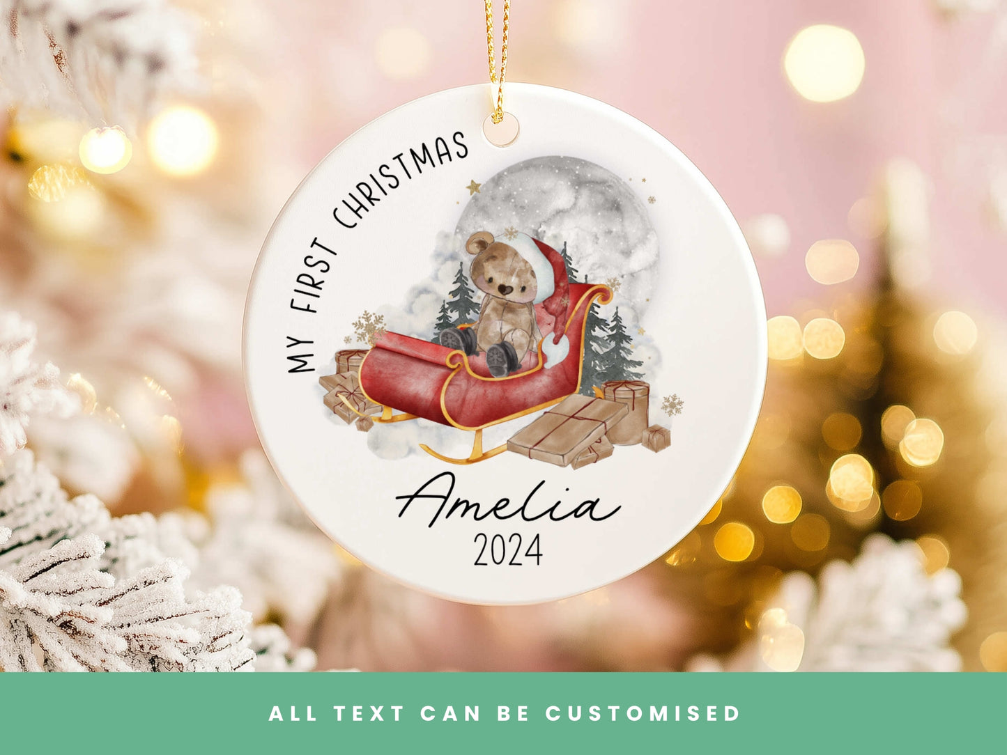 Bear on Santa Sleigh Christmas Ornament