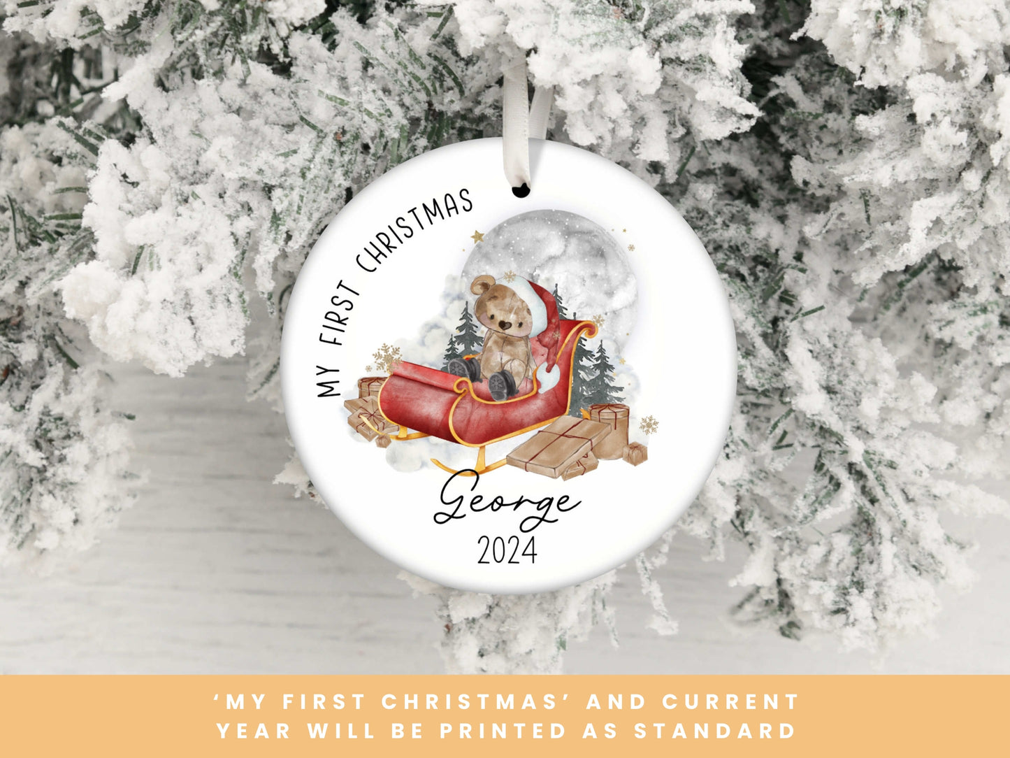Bear on Santa Sleigh Christmas Ornament