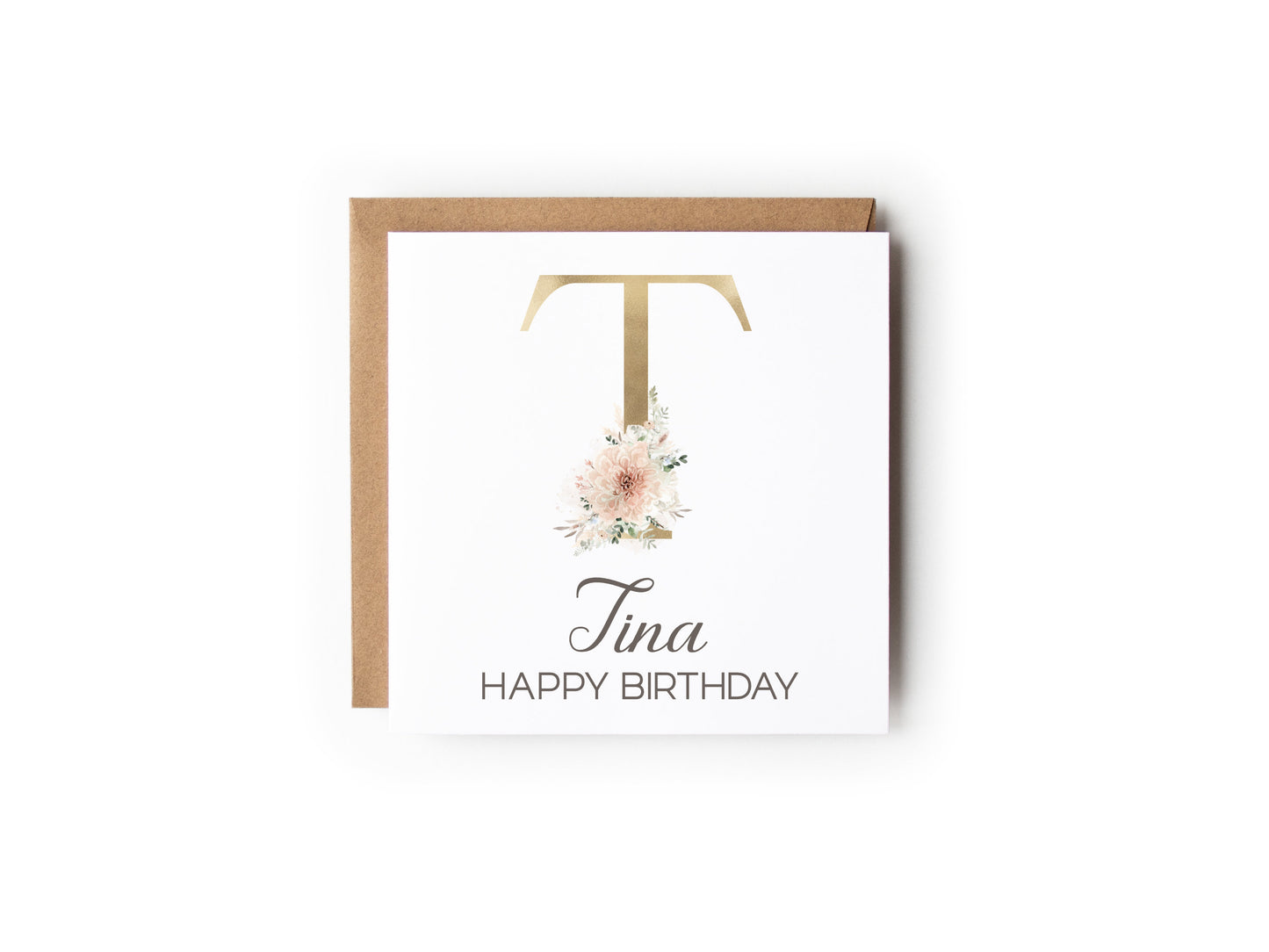 Gold & peach floral Initial Birthday Card