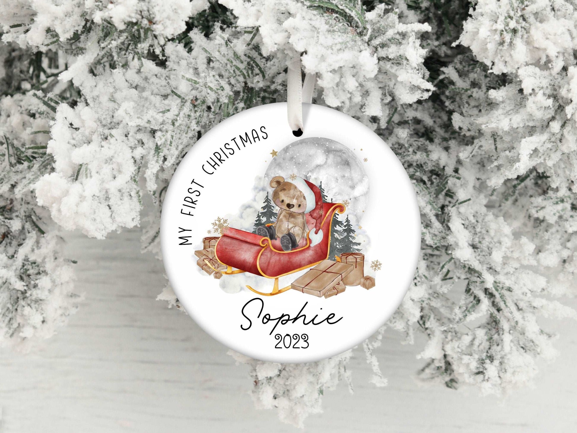 Bear on Santa Sleigh Christmas Ornament