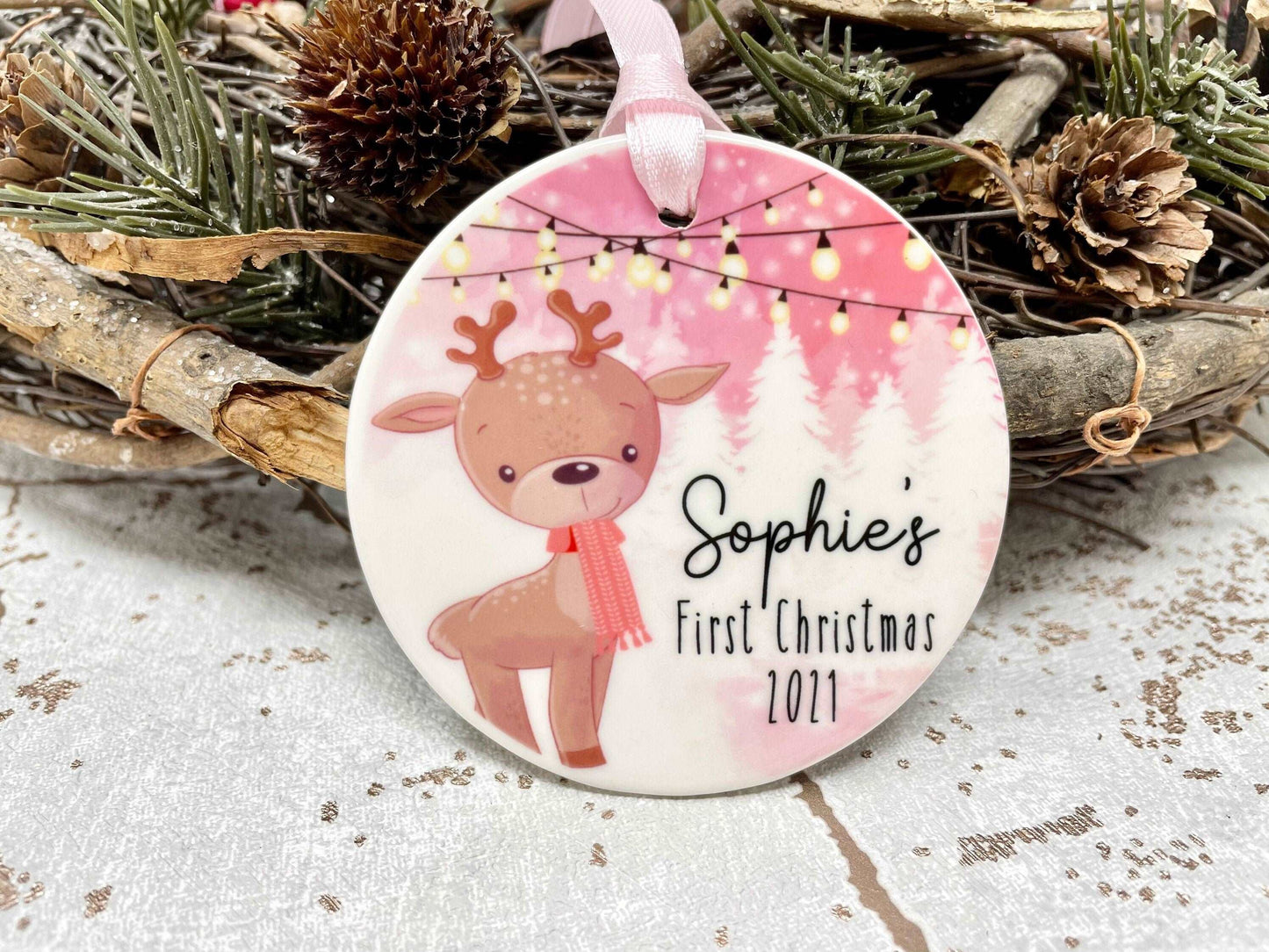 Pink Reindeer First Christmas Ornament