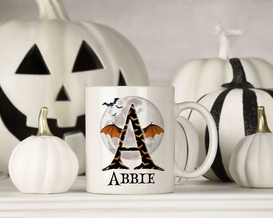 Halloween Bat Wing Alphabet Mug - White