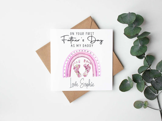 Pink Footprint Rainbow First Fathers Day card