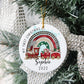 white ceramic first christmas bauble with a cute Christmas themed train and mouse design printed on with the text my first Christmas and name and year 2022 printed on